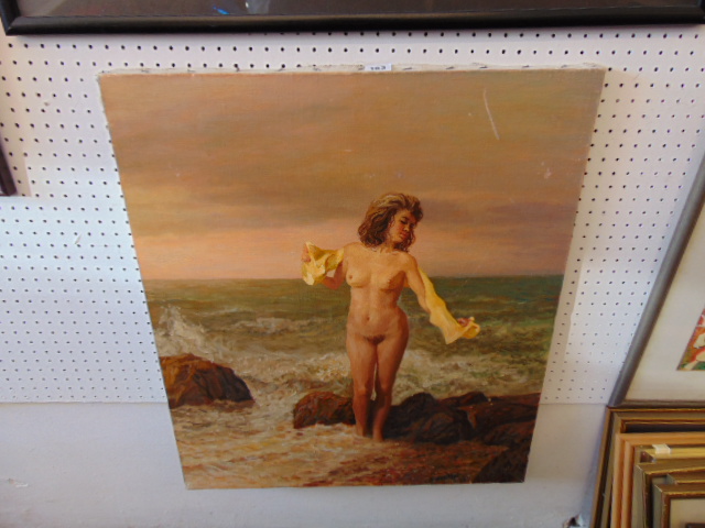 An unframed oil on canvas, nude on beach,