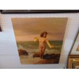 An unframed oil on canvas, nude on beach,