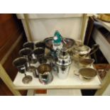 A qty of silver plate; soda siphon, trays, dishes etc.