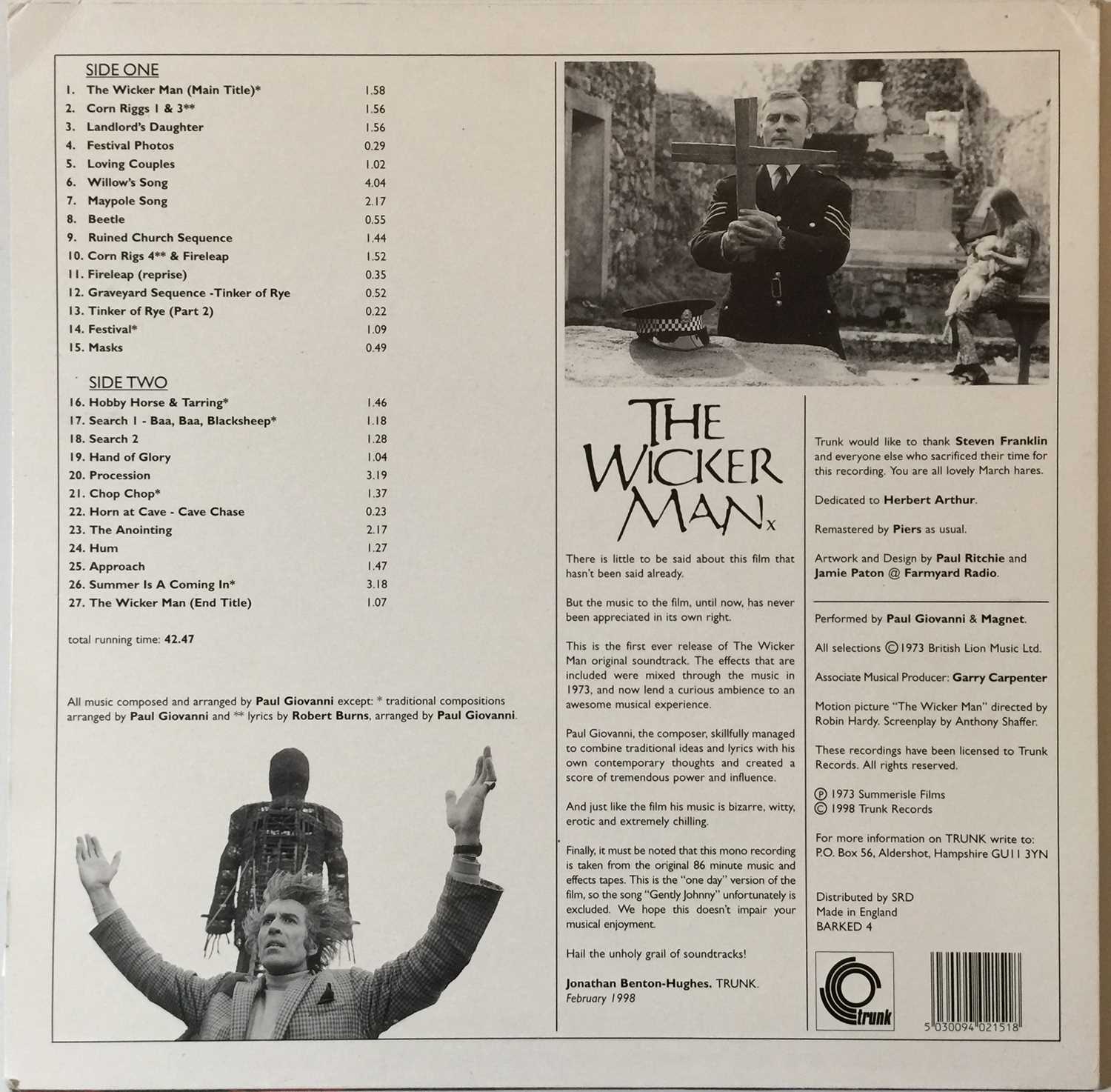 MAGNET AND PAUL GIOVANNI - THE WICKER MAN LP (ORIGINAL 1998 UK RED VINYL PRESSING - TRUNK RECORDS BA - Image 3 of 6