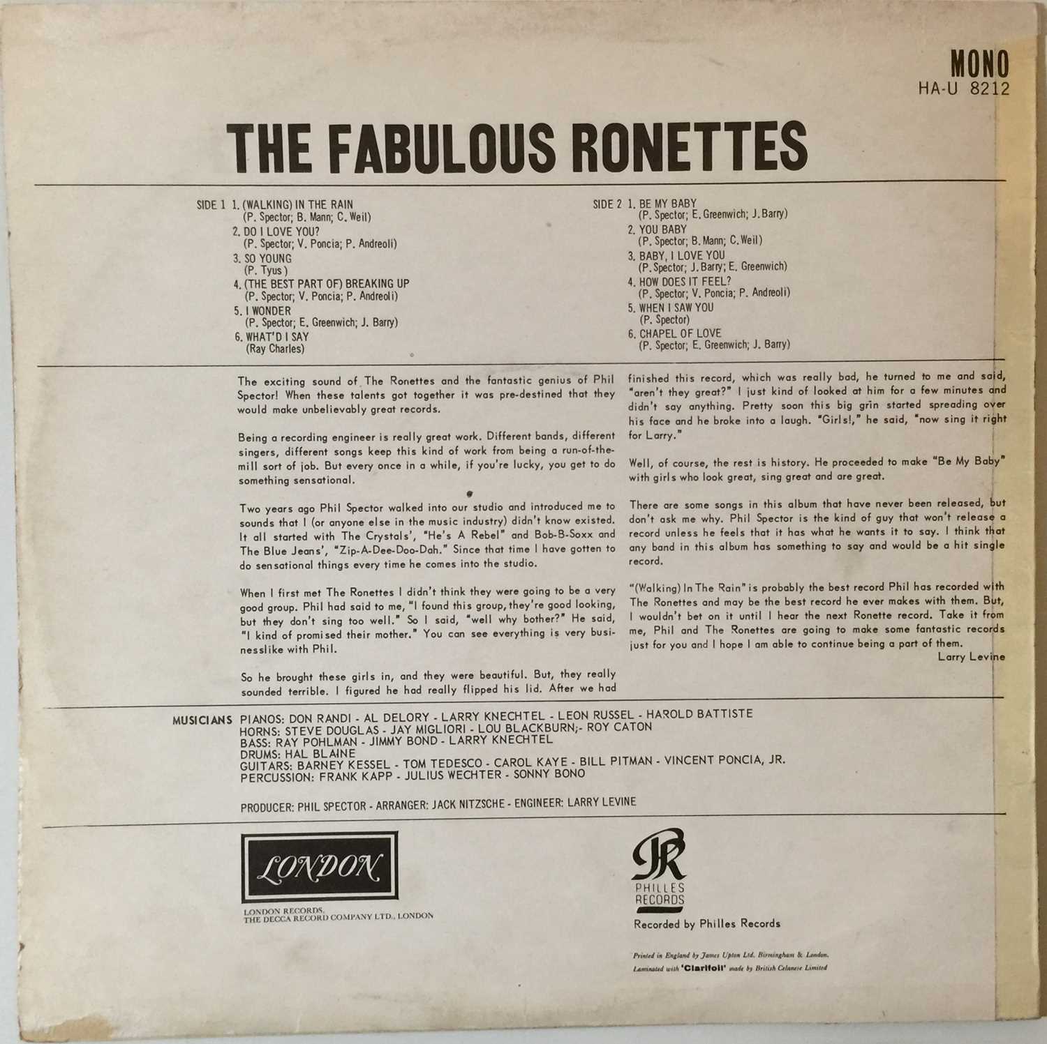 THE RONETTES - PRESENTING THE FABULOUS RONETTES LP (ORIGINAL UK COPY - LONDON HA-U 8212) - Image 3 of 5