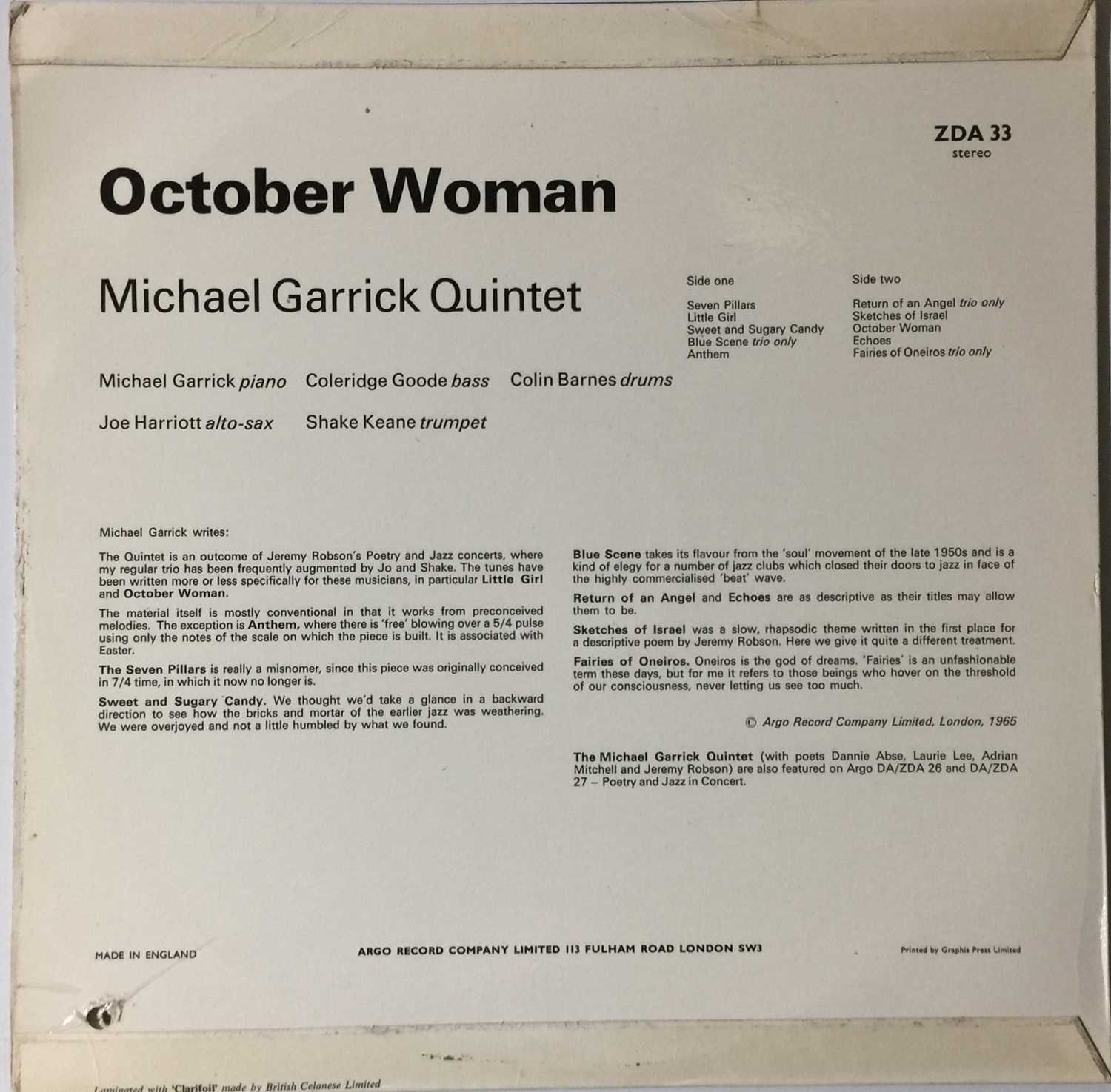 MICHAEL GARRICK QUINTET FEAT HARRIOTT & KEANE - OCTOBER WOMAN LP (UK ORIGINAL - ZDA 33) - Image 3 of 5