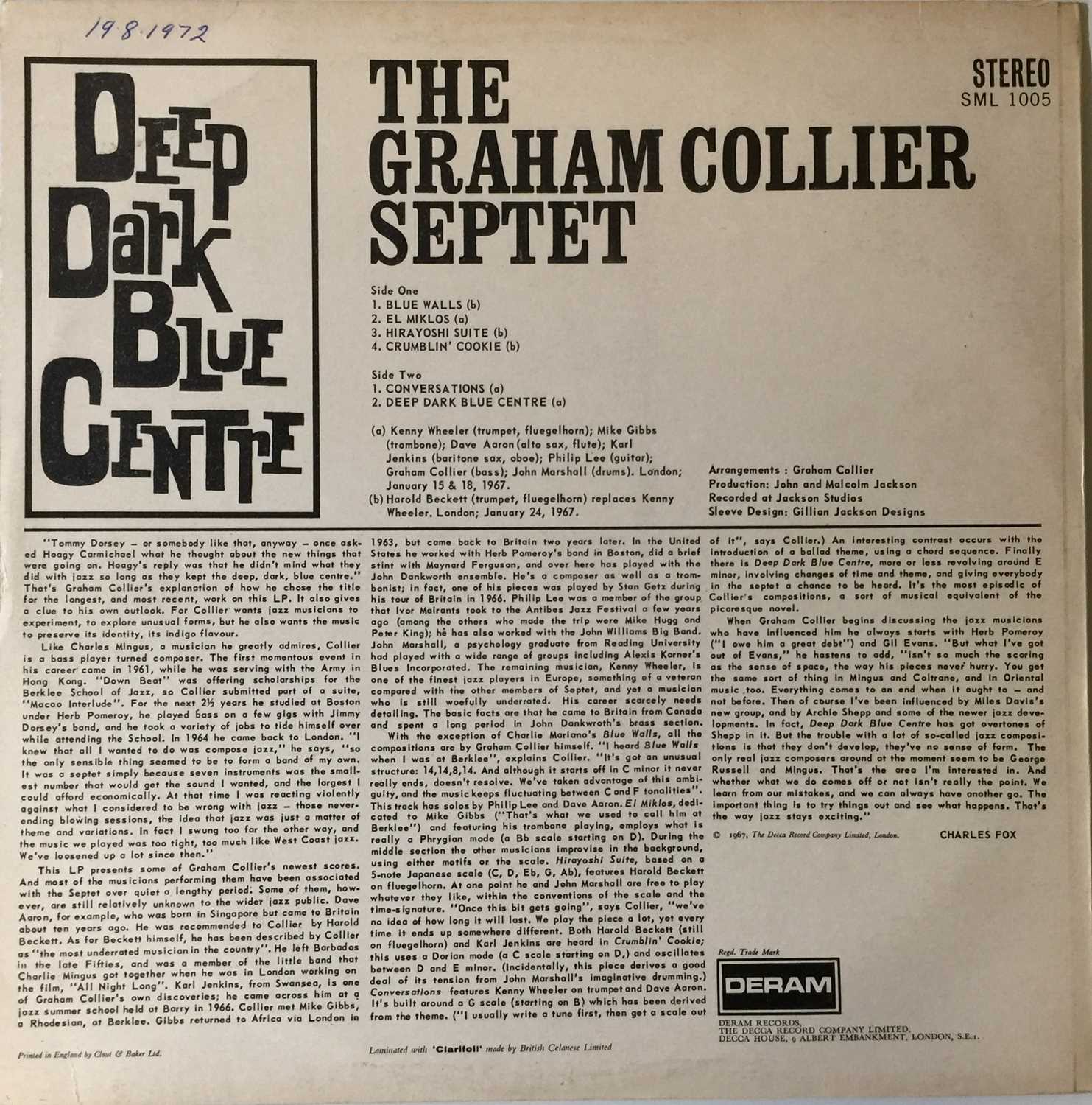 THE GRAHAM COLLIER SEPTET - DEEP DARK BLUE CENTRE LP (UK DERAM - SML 1005) - Image 3 of 5