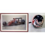 NIGEL MANSELL - SIGNED LIMITED EDITION PRINT AND REPRODUCTION HELMET.