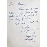 QUEEN - FREDDIE MERCURY HANDWRITTEN AND SIGNED CARD.