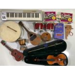 MIXED MUSICAL INSTRUMENTS (KEYBOARD, STYLOPHONE, UKELELE, PERCUSSION).