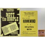 MOTT THE HOOPLE/QUEEN - 1`973 HANDBILL AND TICKET.