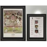 CRICKET MEMORABILIA - SIGNED ENGLAND TEAMSHEET / IAN BOTHAM PRINT.