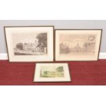 Two framed etchings and one print of Emmanuel College, Cambridge. To include J.Sadler after A