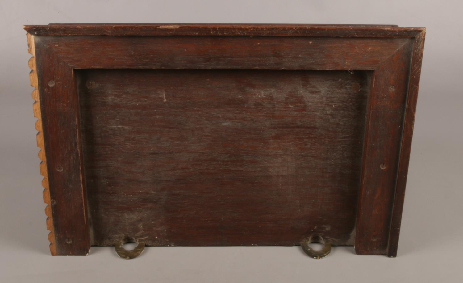 A large carved oak wall shelf, with crest to the underside and floral and foliate border. Height: - Image 2 of 2