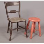 A small painted turned stool, together with kitchen chair.