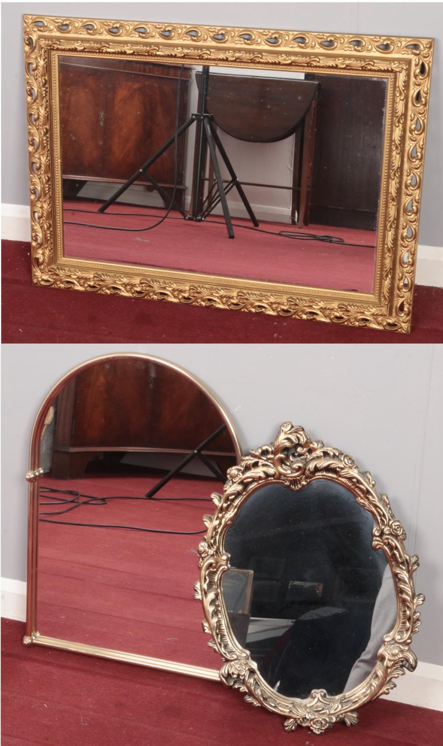 Three gilt framed mirrors. Including oval wall mirror, dome top example, etc.