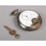 A French gun metal Hebdomas 8 day pocket watch. Not running. Rusted. Missing winder.
