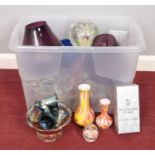 A box of miscellaneous glassware. To include three boxed Royal Doulton crystal glasses, large