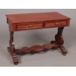 A mahogany rectangle side table with two small drawers; stretcher at the base between legs. Width: