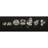 A set of seven Swarovski crystal animals, includes Hedgehog, Cockerel and Oyster. Butterfly is