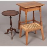 A light oak occasional side table, together with mahogany wine table and rush topped seat.
