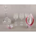 A collection of glass wares. Decanter, Six hock wine glasses, glass dish etc.