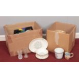 Two boxes of miscellaneous. Swinnertons 'Ambassador' plates, Denby 'Romance' pot, glass ware etc