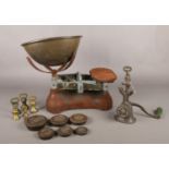 A collection of miscellaneous. Vintage weighing scales, various brass weights & mincer.