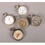 Five vintage pocket watches. Mostly white metal, including gun metal souvenir example.