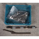 A box of assorted air rifle parts. Includes BSA and Webley mainsprings, barrels, cocking lever etc.