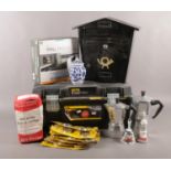 A box of miscellaneous , along with a Stanley Fat Max tool box. To include two Bialetti coffee pots,