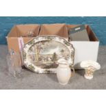 Three boxes of miscellaneous. Cut crystal glass vases, ceramic meat platter, Radford ceramic jug etc