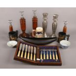 A quantity of miscellaneous. Including wooden and silver plate candlesticks, oriental ceramic tea