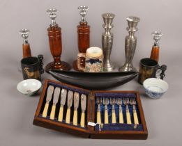 A quantity of miscellaneous. Including wooden and silver plate candlesticks, oriental ceramic tea