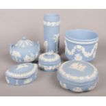 A small quantity of blue Wedgwood jasperware. Including vases, trinket boxes, etc.