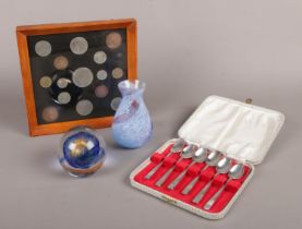 A collection of miscellaneous. Caithness glass vase, framed British 1965 coinage: half crown, half