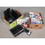 Two boxes of electronics, video games and DVDs. Includes Playstation 3, monitor, Morphy Richards