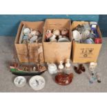 Three boxes of miscellaneous. Including model ship with figures, Hayasi Kutani part teaset, cut