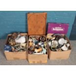 Three boxes of miscellaneous. Including bagatelle board, decorative vases, composite chess pieces,
