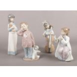 Four NAO by Lladro figurines. Boy with Teddy bear, girl with dog, girl putting lipstick on etc