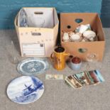 Two boxes of miscellaneous. Including postcards, large blue & white cabinet plates, USA banknote,