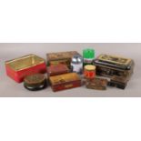 A box of mainly vintage tins. Includes The London Cash Box, Happynak, Tortoiseshell Smoking