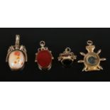 Four 9ct gold Albert fobs, three of which are set with Agate as examples. Total weight: 19g. Glass