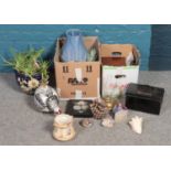 Two boxes of miscellaneous. Including planter with floral decoration, metal first aid box, wooden