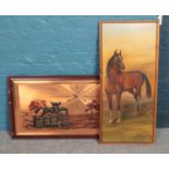 E.Kirk, oil on board depicting a horse along with a large equestrian themed copper wall clock.
