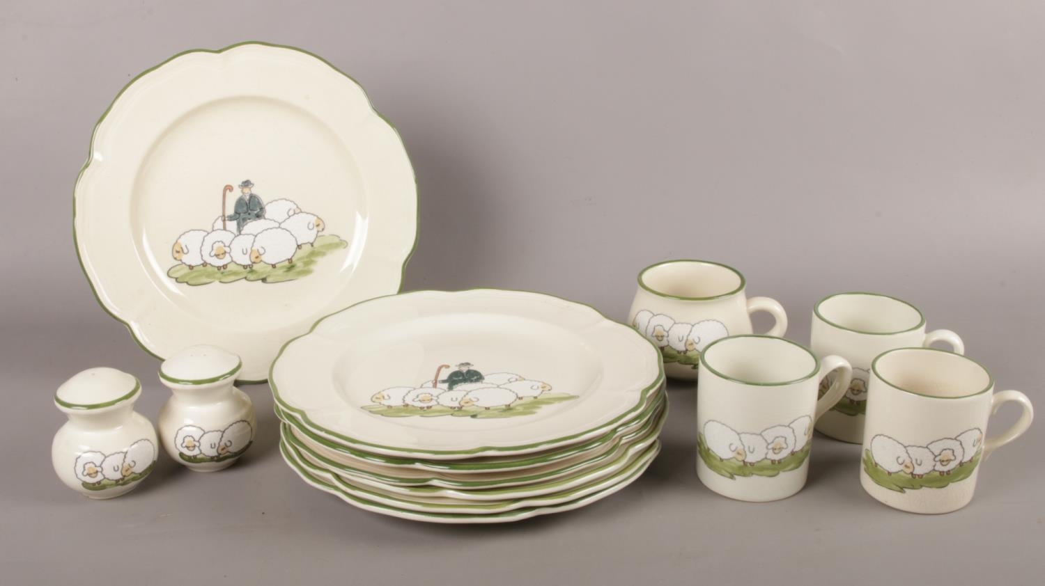 A collection of vintage F. Trauffler Ltd ceramic ware. 'Sheppard & Sheep design, 7x plates, 3 x