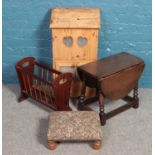 Four pieces of small furniture. Including upholstered footstool, small oak drop leaf table, magazine