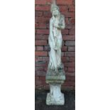 A large cast concrete garden statue formed as a semi nude maiden raised on matching plinth. (140cm)