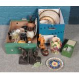 Two boxes of miscellaneous. Including glassware, clock under dome, cabinet plates, golf themed