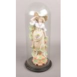 A large porcelain figure of a young girl under glass dome. Dome (43cm)