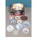 A box of display plates. Including Royal Doulton, Delph, Orinetal examples, etc.