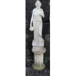 A marble composite garden statue formed as a maiden carrying a water vessel raised on a concrete