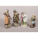Four ceramic figures. Including Capodimonte courting figure group, clay fisherman figurine, etc.