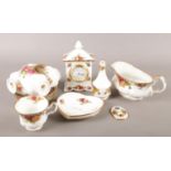 A collection of Royal Albert Old Country Roses ceramics. Includes clock, cups and saucers etc.